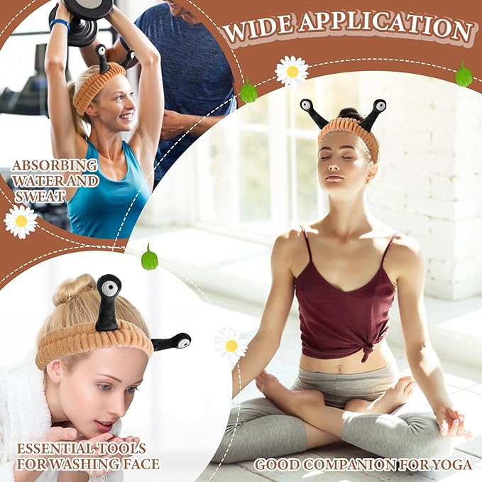Face Wash Headband, Palm and Snail Spa Hair Bands Makeup Headbands Women Cartoon Cute Coral Fleece Elastic Headband Creative Hair Accessories for Washing Face Shower Sports (Brown&Black)