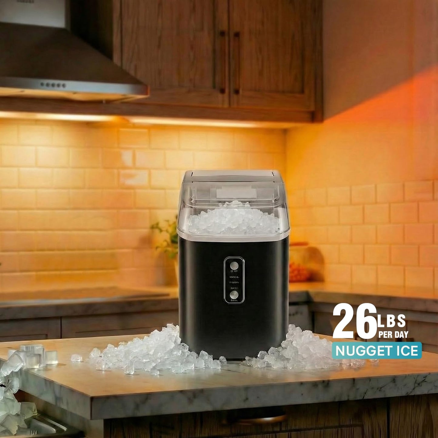 KMFurnila Nugget Ice Maker Countertop, Portable Ice Makers Machine with Removable Basket and Scoop, Self-Cleaning, Quiet, 6-Min Ready, 24lbs in 24Hrs, Visible, for Home, Party, RV, Camping, Black