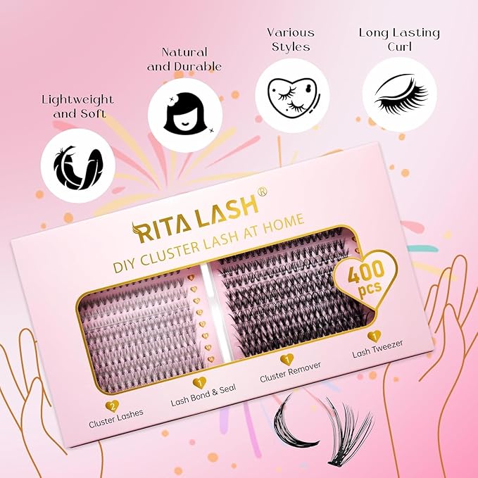 RITALASH Lash Extension Kit DIY Lash Clusters Kit 400pcs Cluster Lashes Individual Lashes Eyelash Extension Kit with Lash Bond and Seal,Lash Remover,Lash Tweezers(10D+30D Cluster Kit,8-16mm)