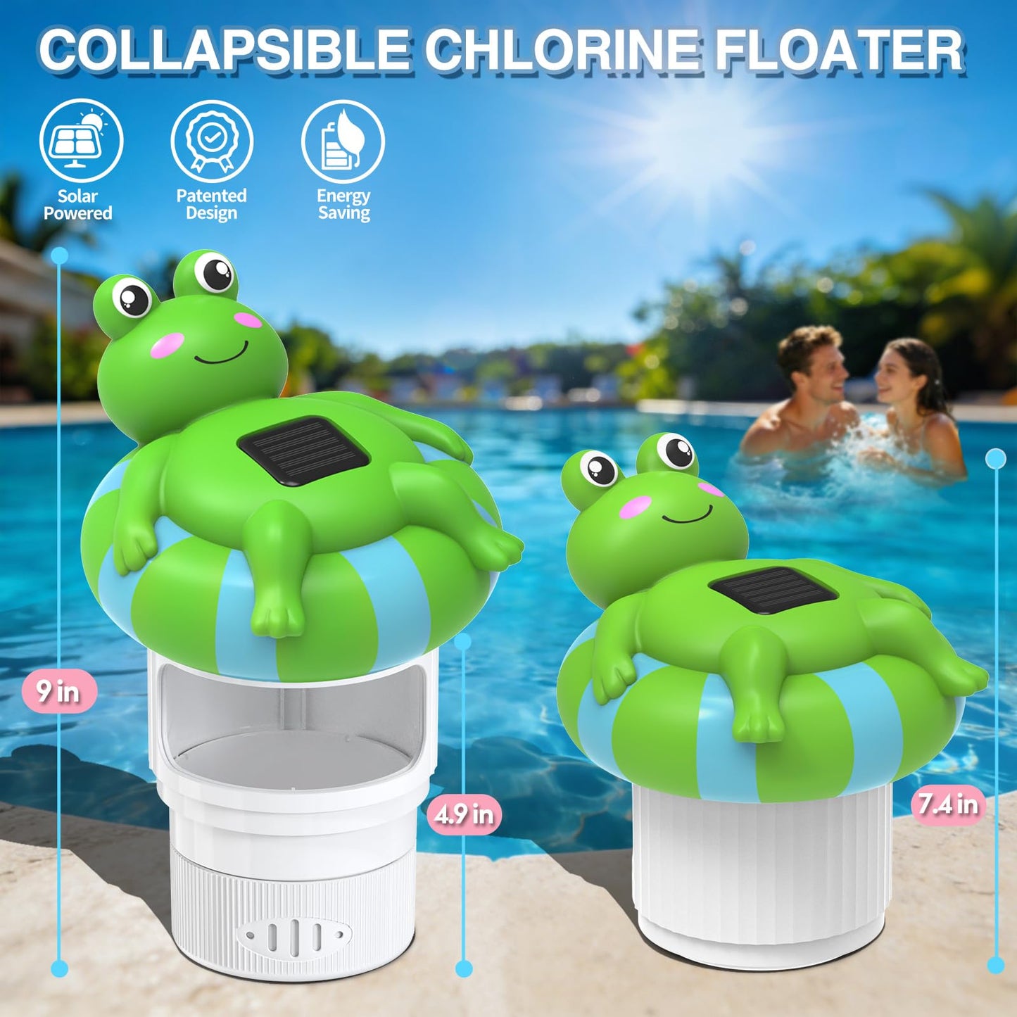 Blufree Pool Chlorine Floater, Frog Solar Chlorine Floater Glow in The Dark Fits 4x3'' Tablets, Adjustable Flow & Large Capacity Floating Chlorine Dispenser for Pool, Hot Tub Spa (Green, 9 in)