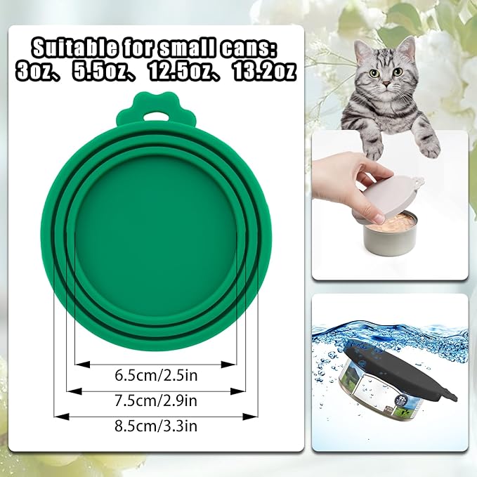 PINE & LINEN 4 Pcs Durable Pet Can Lids,One fit 3 Standard Size Silicone Waterproof Cat Food Cans Lids for 3oz/5.5oz/12.5oz/13.2oz Cat Food Cans（White+Gray+Dark Green+Black）
