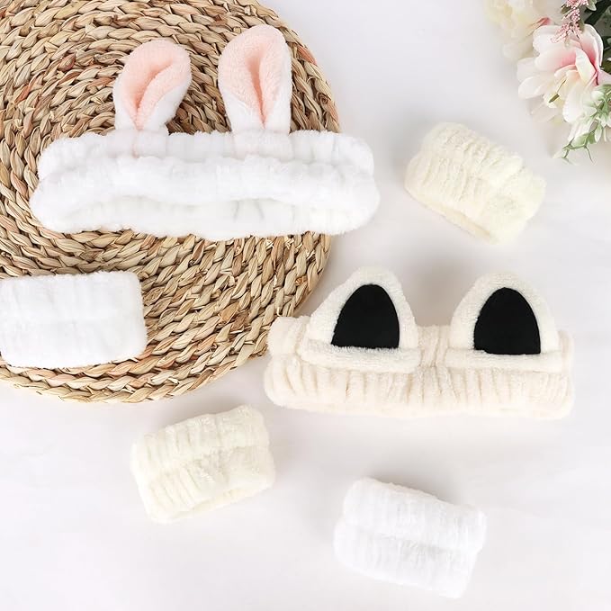 6pcs Ears Spa Headband and Wristband Set, Cute Cat Ears and Bunny Ears Makeup Headbands for Washing Face, Coral Fleece Elastic Head Band for Women Girls
