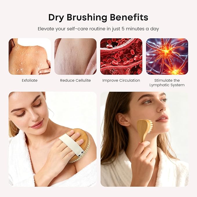 eaxun Bamboo Dry Brushing Body Brush Set, Natural Exfoliating Boar Bristle Face & Body Scrub Brush for Lymphatic Drainage, Cellulite, Blood Circulation and Glowing Skin, 2 Pack