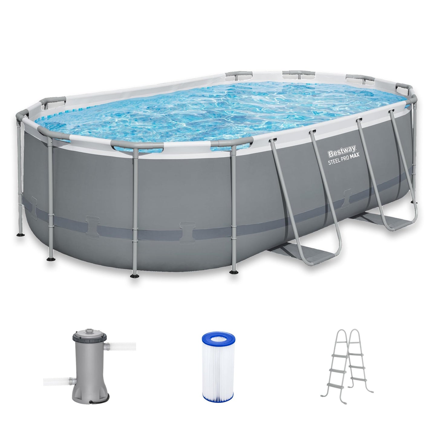 Bestway Steel Pro MAX 14' x 8'2" x 39.5" Oval Above Ground Swimming Pool Set, 530 GPH Filter Pump, Ladder, Tritech Puncture Resistant Liner, ClickConnect Steel Frame, Gray