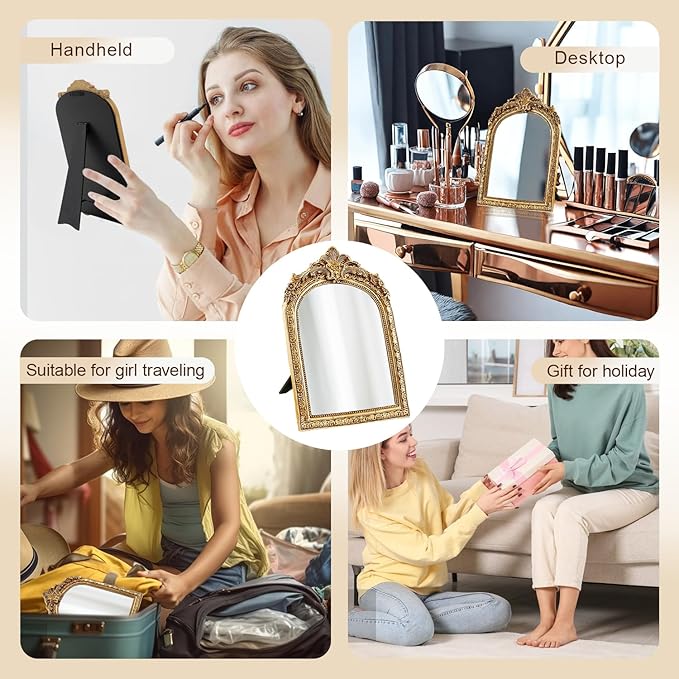 YUSONG Vintage Makeup Desk Mirror - 7" Gold Antique Mirror for Tabletop Resin Frame Decorative Wall Art for Living Room, Bedroom Decor, Vanity Table