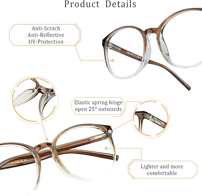 LifeArt Round Blue Light Blocking Glasses, Computer Glasses, Gaming Glasses, TV Glasses for Women Men (Clear Brown, 3.25 Magnification)