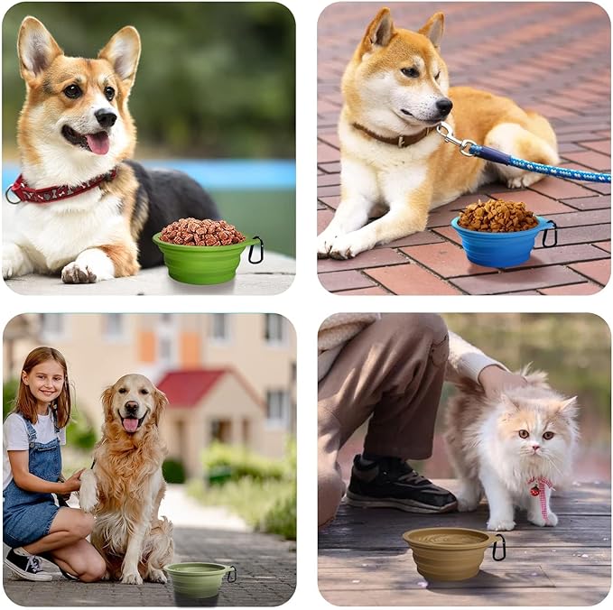 PetBonus 2-Pack Large Silicone Collapsible Dog Bowls, 34oz/1000ml BPA Free Portable Foldable Travel Bowl for Pet Cat, Food Water Feeding Dish for Camping with 2 Carabiners (Light Mint, Beige Cream)