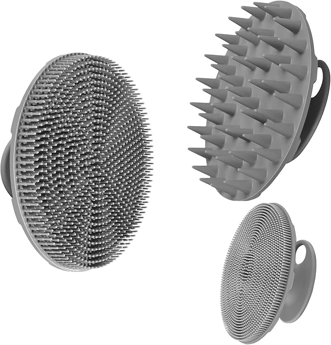 INNERNEED Food-Grade Soft Silicone Body Scrubber Shower Brush, with Handheld Facial Cleansing Skin Brush, with Scalp Massager Shampoo Brush (Gray)