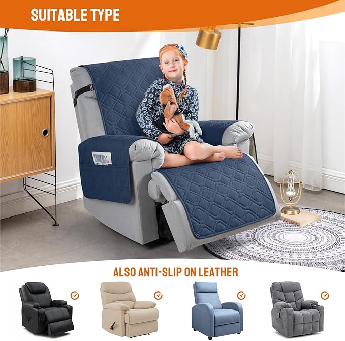 VANSOFY 100% Waterproof Recliner Chair Covers, Recliner Cover Non-Slip Dog Chair Cover Furniture Protector Washable Slipcover with Pocket, Elastic Straps for Pets, Dogs(Navy Blue, 20")