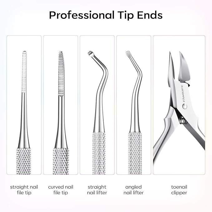 FAMILIFE Stainless Steel Pedicure Kit with Ingrown Nail Lifters, Precision File & Clipper, Multi-Use Cuticle Nippers and Trimmer for Home Foot Grooming and Correction