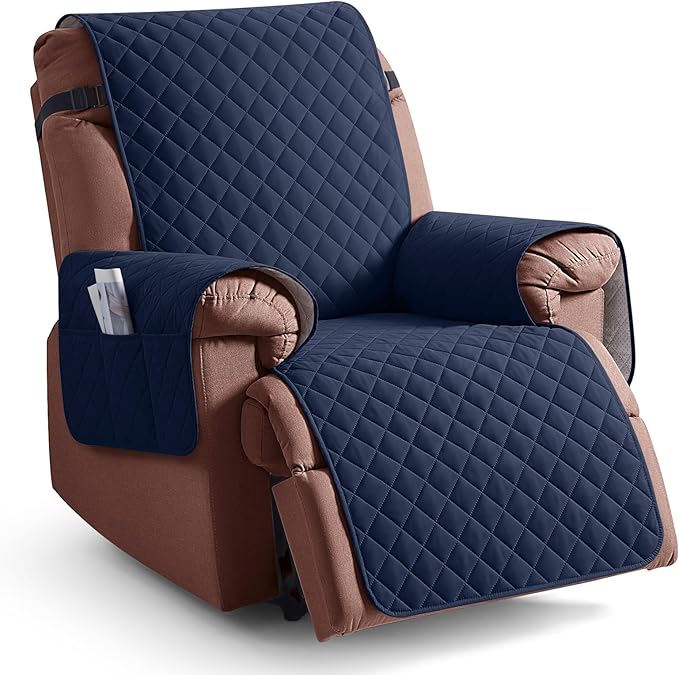 KinCam 100% Waterproof Recliner Chair Cover, Reclining Couch Covers for Pets, Dogs, Recliner Couch Slipcover Furniture Protector with Elastic Straps for Kids(30", Dark Blue)