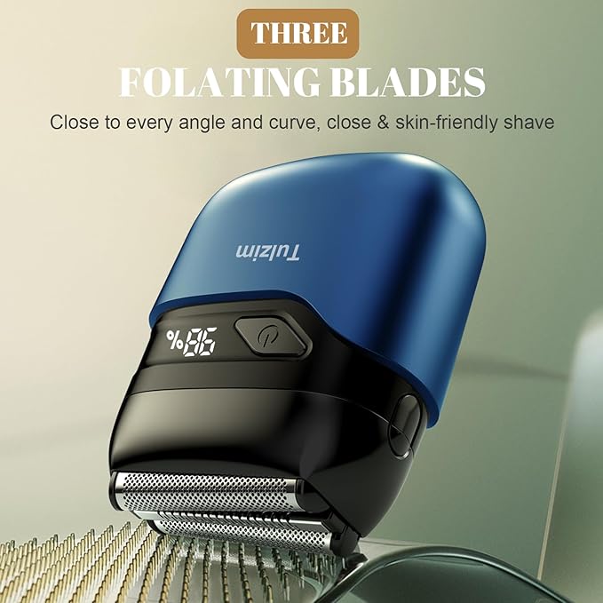 Tulzim Electric Foil Shaver for Men: Cordless Electric Razor for Face & Beard - 3 Floating Blades, 100-Min Runtime, USB-C Fast Charge, IPX7 Waterproof for Travel,Matte Blue