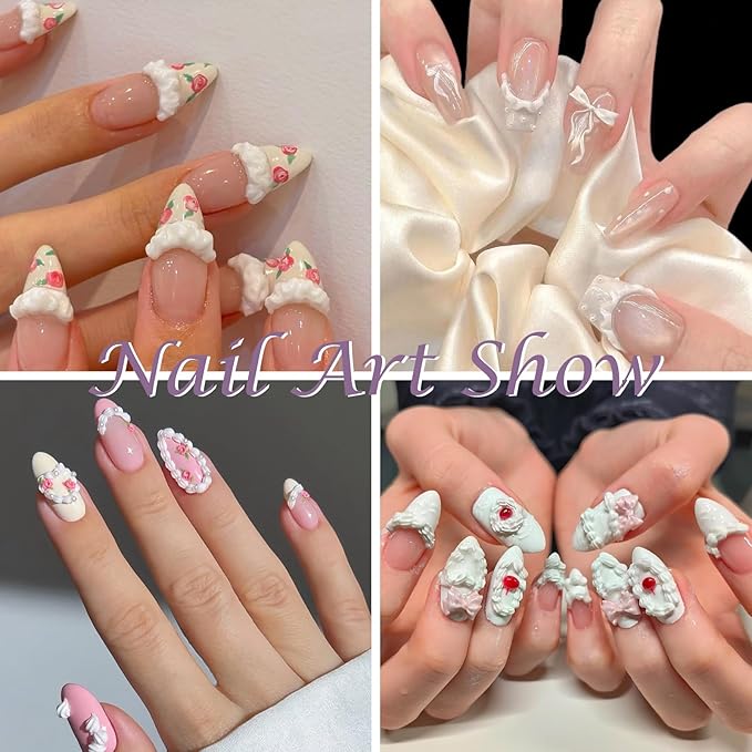 Laza 4pcs Cream Chain Silicone Nail Art Molds, 3D Multiple Shapes Embossed Cream Chain Bowknot Rabbit Charms Nail Accessories with Carving Pen Resin Nail Art Mold Manicure Tools for Manicure Design