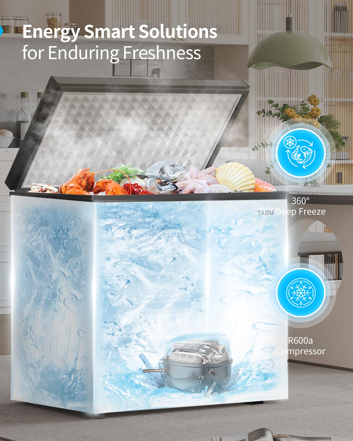 TABU 12.0 Cu Ft Chest Deep Freezer, Large Freestanding Chest Freezer with 7 Level Adjustable Thermostat, Compact Top-opening Deep Freezer with Removable Storage Basket, Black