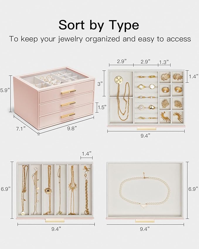 Vlando Jewelry Box for Women, Glass Lid Jewelry Organizer with 3 Drawers for Necklaces Rings Earrings Bracelets Mother Day Gift for Mom - Dark Pink