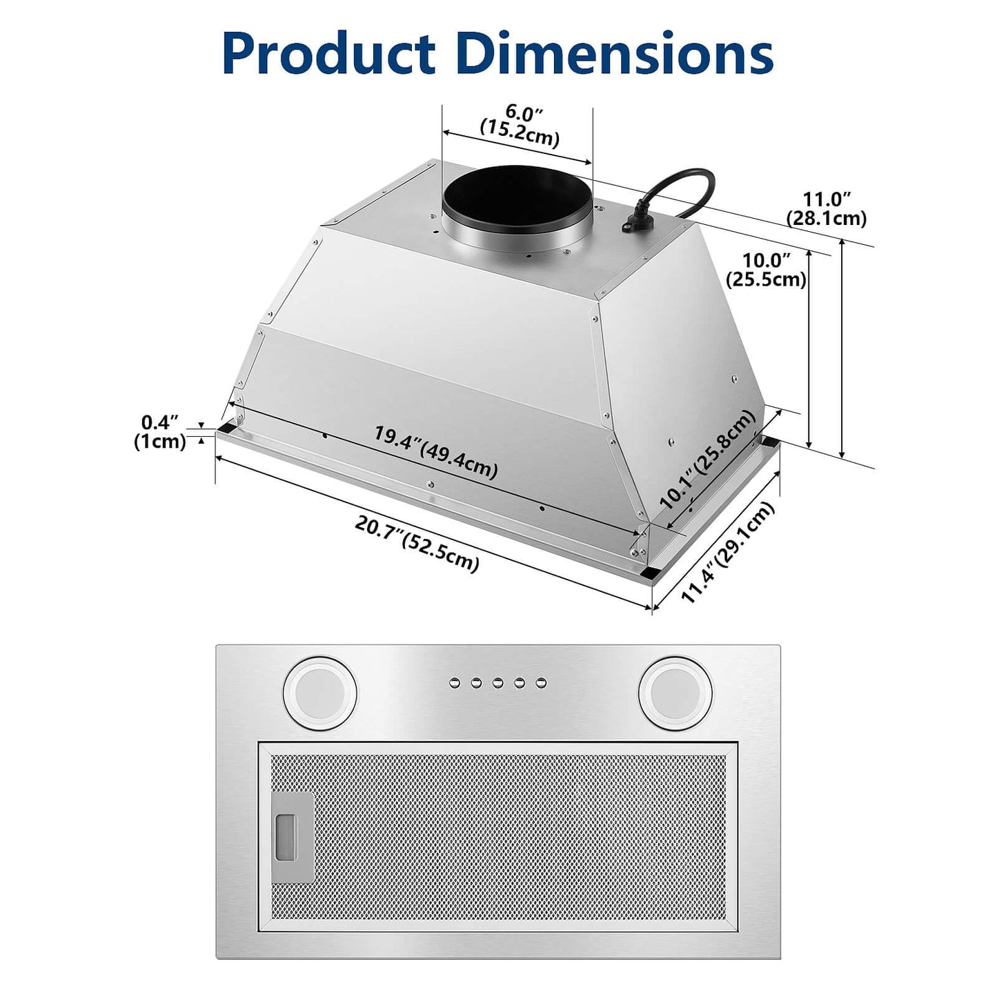 JOEAONZ Range Hood Insert 20 Inch Stainless Steel with 5-layer Mesh Filter, Hood Vent for Kitchen Built-in Mount Dual LED, Ducted/Ductless Convertible Kitchen Exhaust Fan, Push Button Control