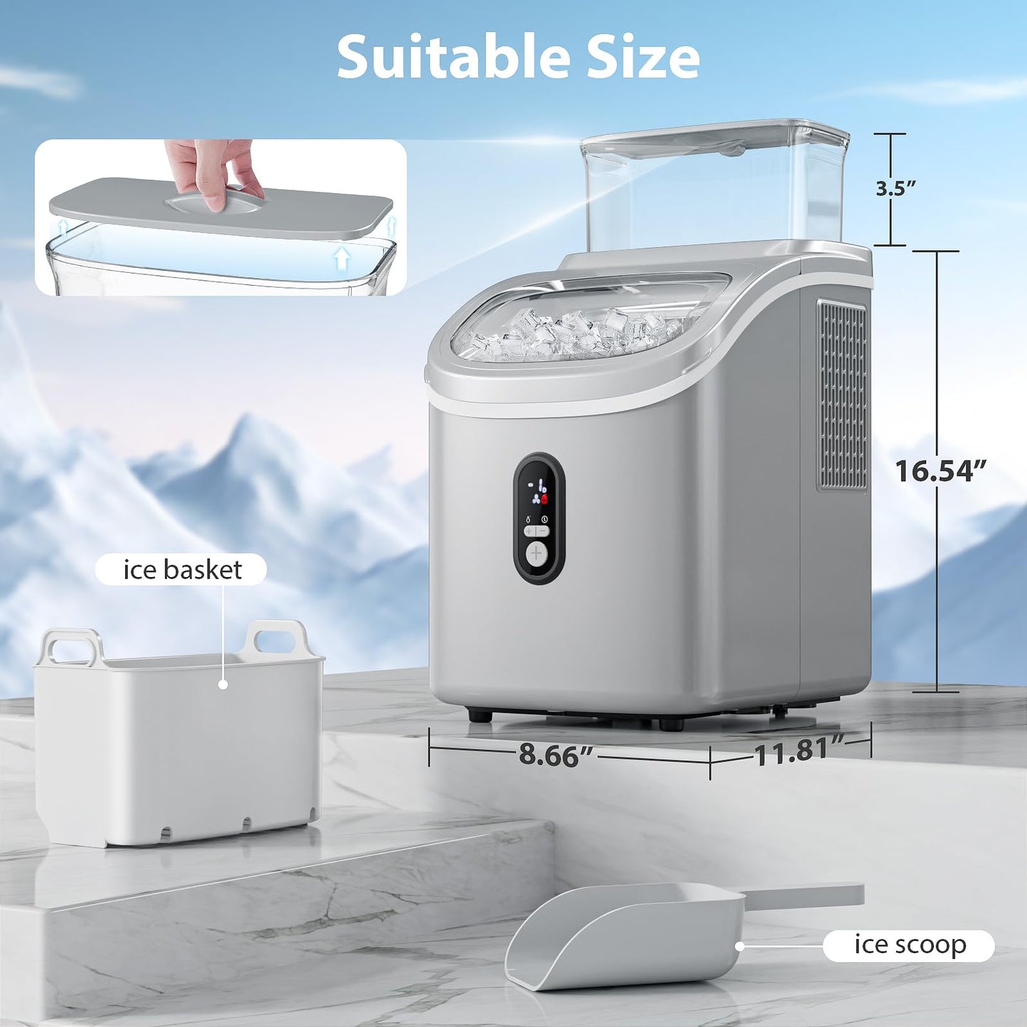 Electactic Countertop Ice Cube Maker Machine with External Water Tank,16Pcs/5Mins,34Lbs/Day,2 Ways to Add Water,Portable Compact Small Ice Maker with Self-Cleaning,Perfect for Home/Kitchen/Camping/RV