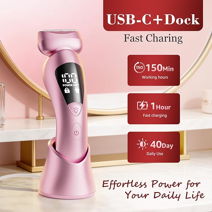 Cordless Electric Razors for Women: Rechargeable Painless Bikini Trimmer for Body Hair - IPX7 Waterproof Shaver with LED Display for Face/Underarm/Leg Soft Pink