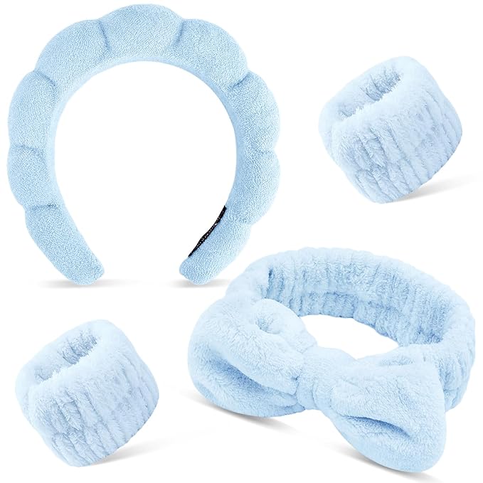 Chanaco Spa 4PCS Face Wash Hair Accessories in Blue - Makeup Headband, Skincare Headband with Bow Tie, Sponge Wrist Bands for Women and Girls