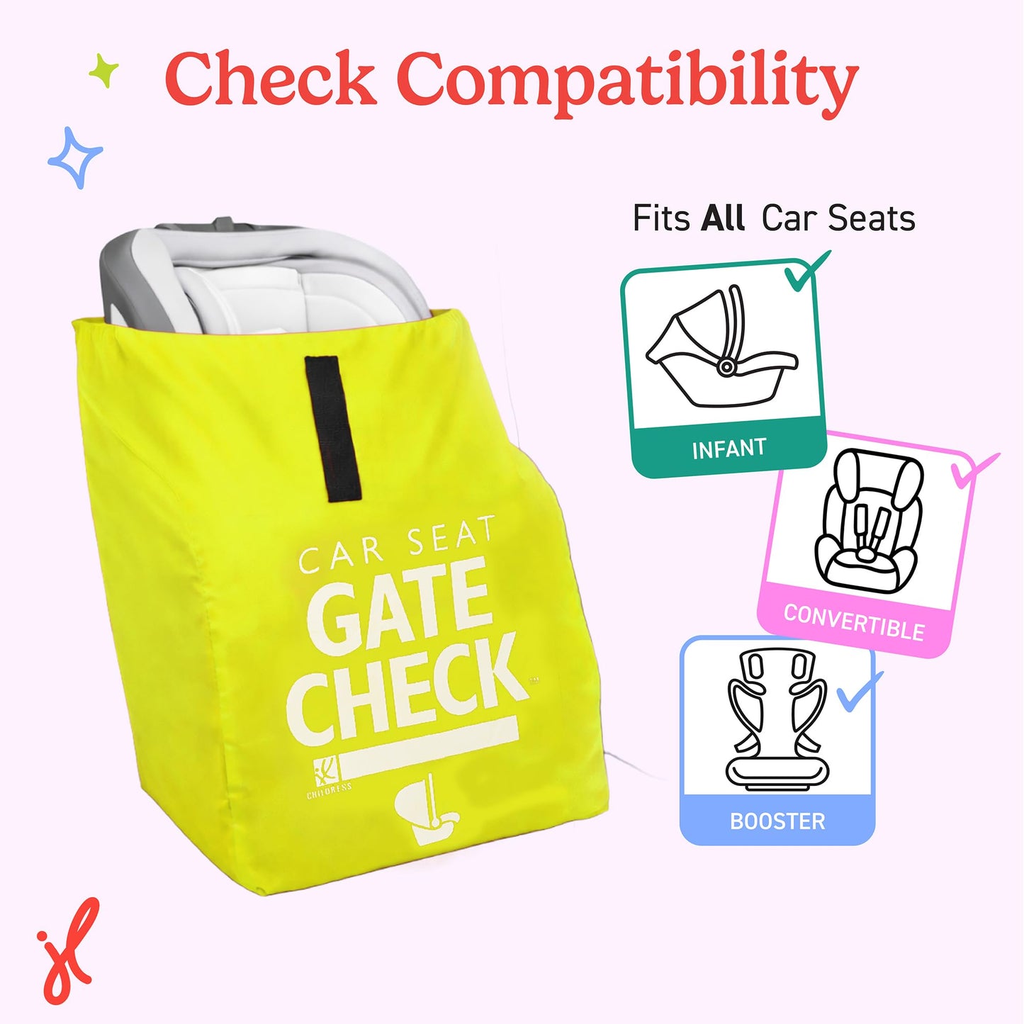 J.L. Childress Gate Check Travel Bag for Car Seats - Car Seat Travel Bag for Airplane, Includes AIRTAG Holder, Fits All Baby Car Infant Carriers & Child Booster Seats - Neon Yellow