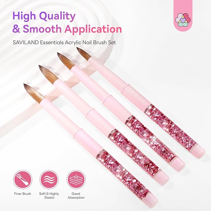SAVILAND Kolinsky Acrylic Nail Brush Set: Size 6,10,12,14 Professional Manicure Brushes with Gradient Pink Handle for Acrylic Powder 3D Carving & Nail Art Extension Tools Kit Salon Home DIY