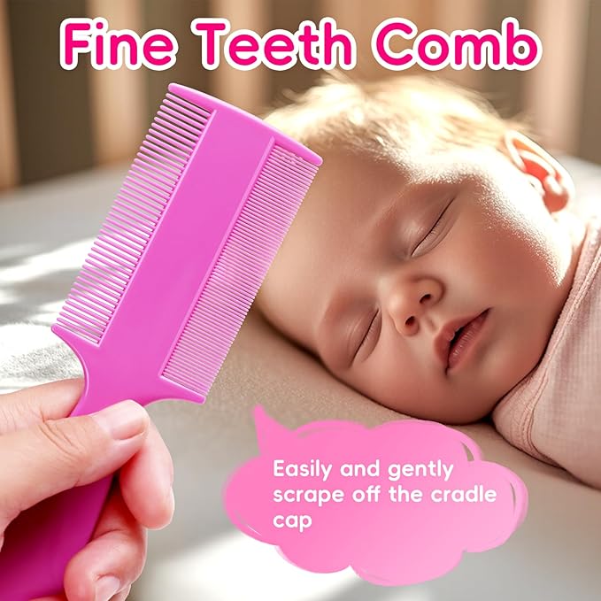 Cradle Cap Brush for Babies, Set of 5 Baby Bath Essentials with Bath Sponge Silicone Scrubber Long Handle Comb for Newborns Toddlers Boys Girls (Pink)