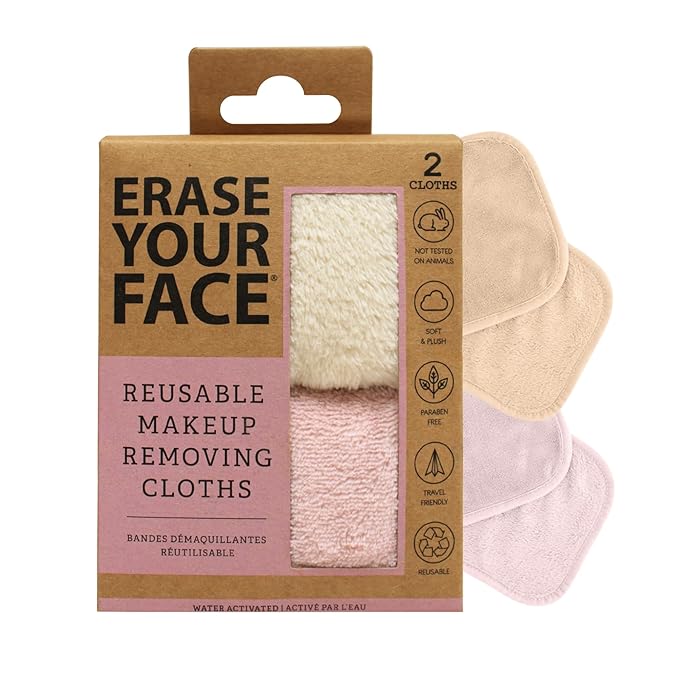 ERASE YOUR FACE Reusable Makeup Remover Cloths - Microfiber Face Towels to Cleanse & Remove Makeup - Water Activated for Sensitive Skin - Eco-Friendly - Pastel (2 Count)