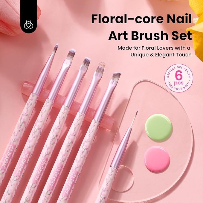 Beetles Gel Polish Nail Art Brushes Set, 6 Pcs Fingernail Art Design Pen, Floral Pattern Handle, Gradient Bristles Nail Brush Set DIY with Palette Dotting Manicure Tool Kit