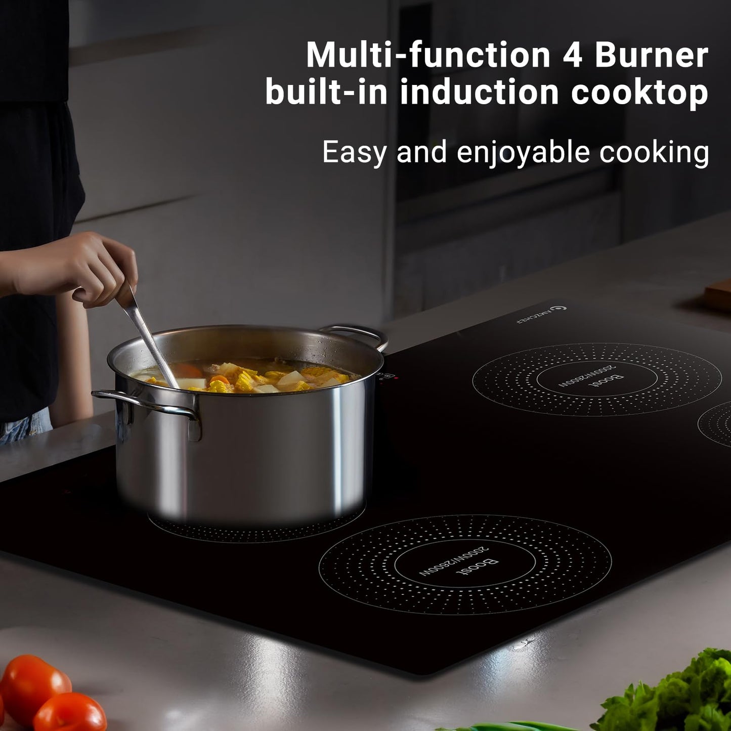AMZCHEF Electric Cooktop 30 Inch with 4 BOOST Burners Bulid-in Induction Cooktop, 220V-240V/7200W 9 Levels Stove Control by Slide Touch, Child Safety Lock, Pause,Timer and Overheat Protection, No plug