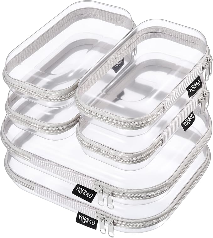 6 Pack Gray Clear Hard Shell Beauty Organizer (2M+4S), 1.2mm Heavy Duty Crush-Proof Cosmetic Case, Reinforced YKK Zippers, Stadium Approved Security Bag for Skincare & Electronics, Multi-Size Set