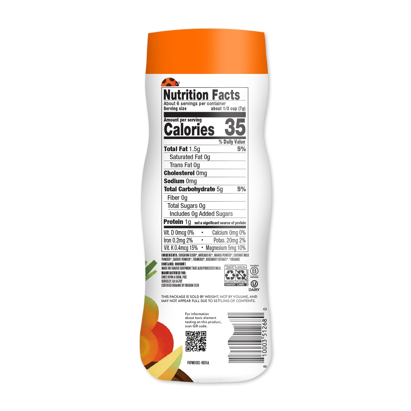 Once Upon A Farm Mango, Coconut & Carrot Puffed Sorghum Snack, Fruit & Veggie Puffs, Non GMO, 1.5 Ounces (Pack Of 6)