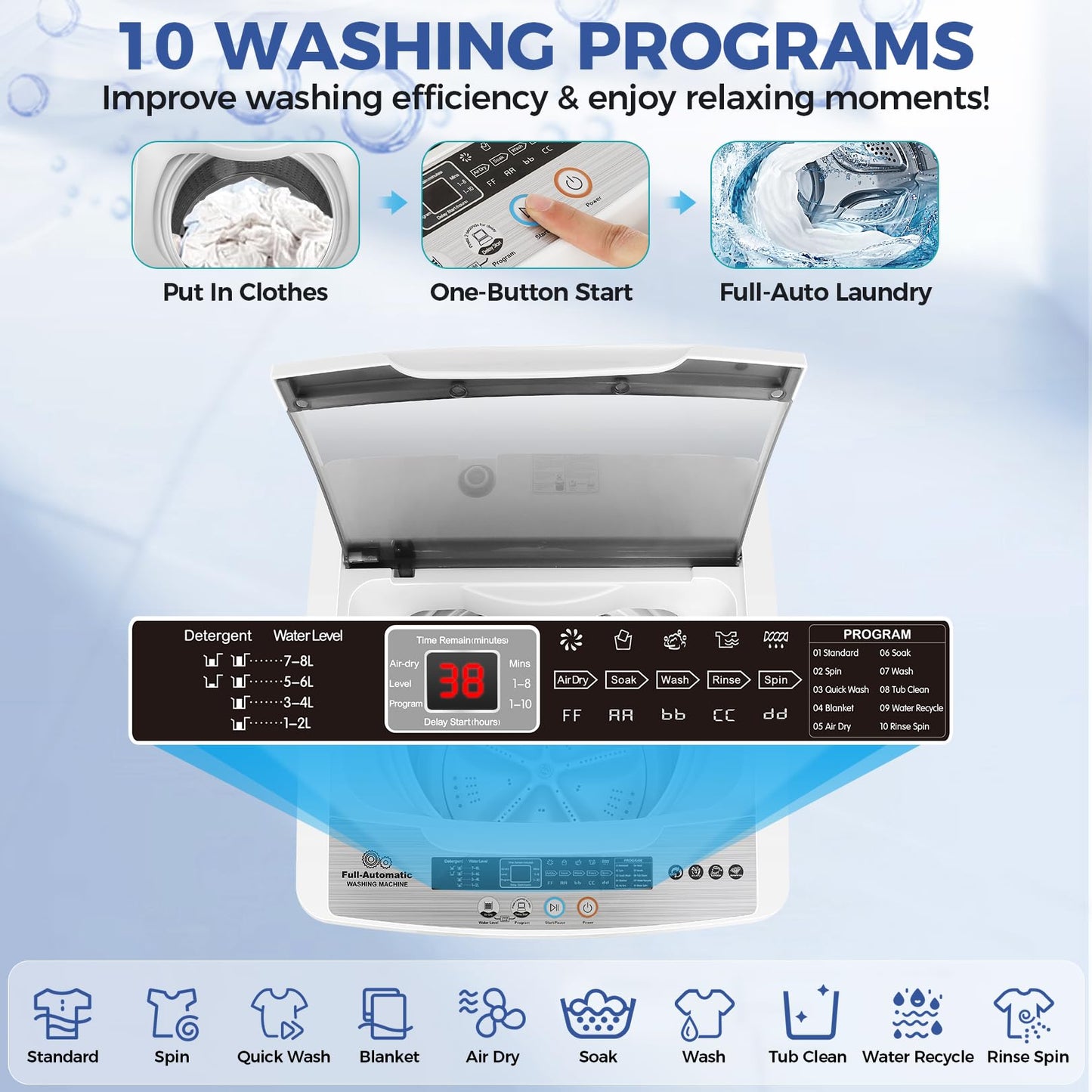 Nictemaw Portable Washing Machine 20Lbs Capacity 2.8 Cu.ft Portable Washer and Dryer Combo with 10 Programs and 8 Water Level Selections Compact Washer Machine for Apartments, Home, Dorms, Rv