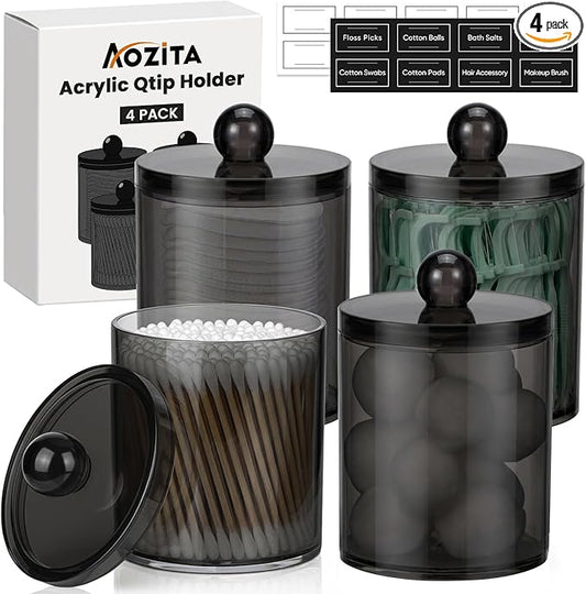 4 Pack Acrylic Qtip Holder Dispenser for Cotton Swabs, Balls, Pads, Floss Picks- Clear Acrylic Canister Apothecary Jar Set, Bathroom Essentials Accessories Decor Vanity Makeup Storage Organizer -Black
