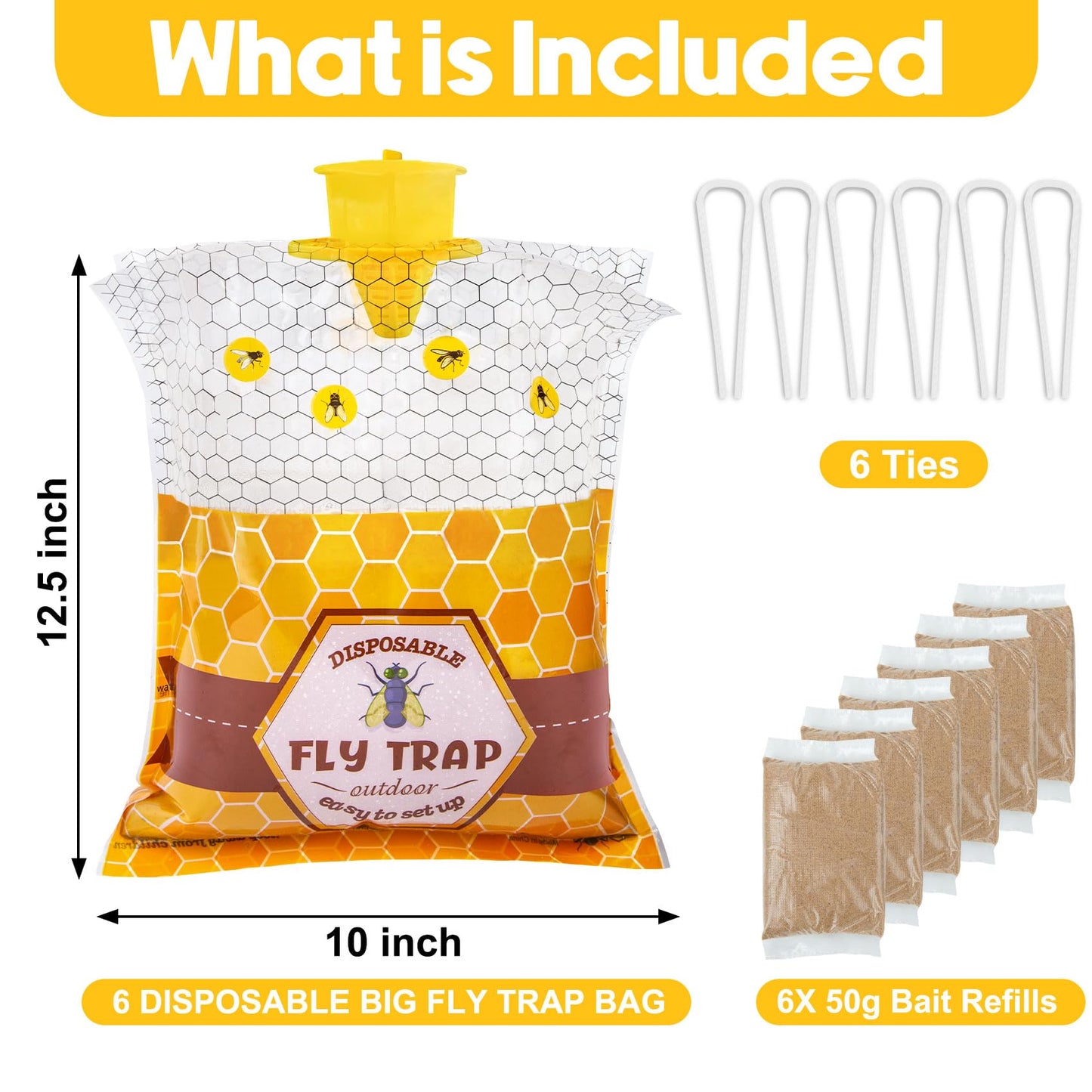 6 Pack Big Fly Traps Outdoor Hanging for Patio, Flies Bags Outdoor Disposable with 50g Bait, Bug Fly Hunter Catcher Killer Control for Barn Horse Ranch Chicken Coop