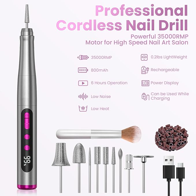 Cordless Nail Drill 35000RPM, Portable Electric Nail File for Acrylic Gel Nails, Professional Manicure Pedicure Kit, Rechargeable efile Set for feet with LCD Display, Low Noise Low Vibration-Grey