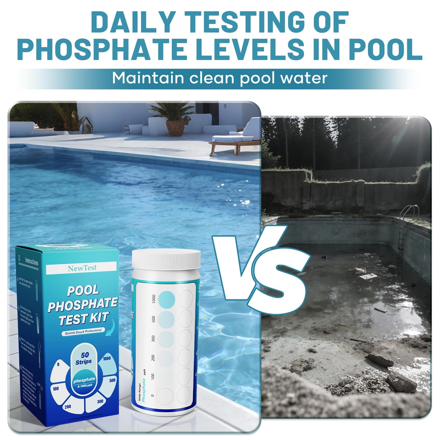 NewTest Pool Phosphate Test Kit: 50CT Professional Phosphate Test Strips for Swimming Pools Water Accurate & Easy to Read (50)