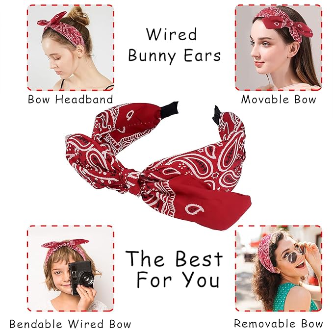 TOBATOBA 6pcs Paisley Knotted Bow Headbands with Removable Rabbit Ears - Top Knot & Turban Styles for Women & Girls