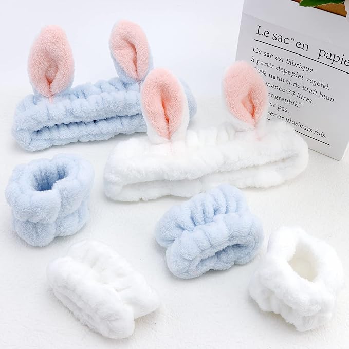 YISSION Cute Bunny Ear Spa Headband and Wristband Set for Women and Girls - Soft Plush Makeup Headband with Wrist Towels for Face Washing, Skincare, Shower, Easter Party Favors (White & Blue)