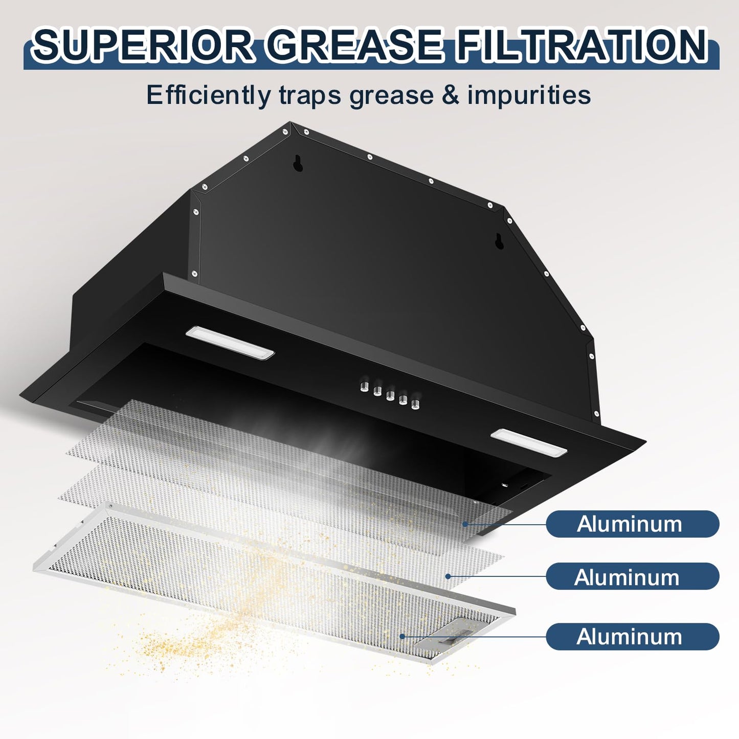 Insert Range Hood 24Inch, Built-in Kitchen Hood with 353 CFM, 3-Speed Vent Hood with Push Button Control LED Lights, Metal Filter, Suitable for Home kitchen, Compact Kitchen, Apartments