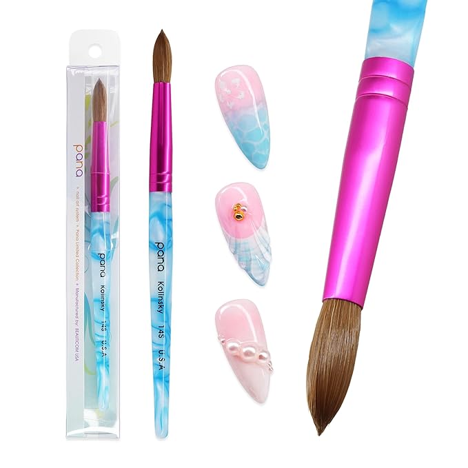 PANA Pure Kolinsky Hair Acrylic Nail Brush - Round Shape Pink Ferrule with White Swirl Blue Handle (Size 14)