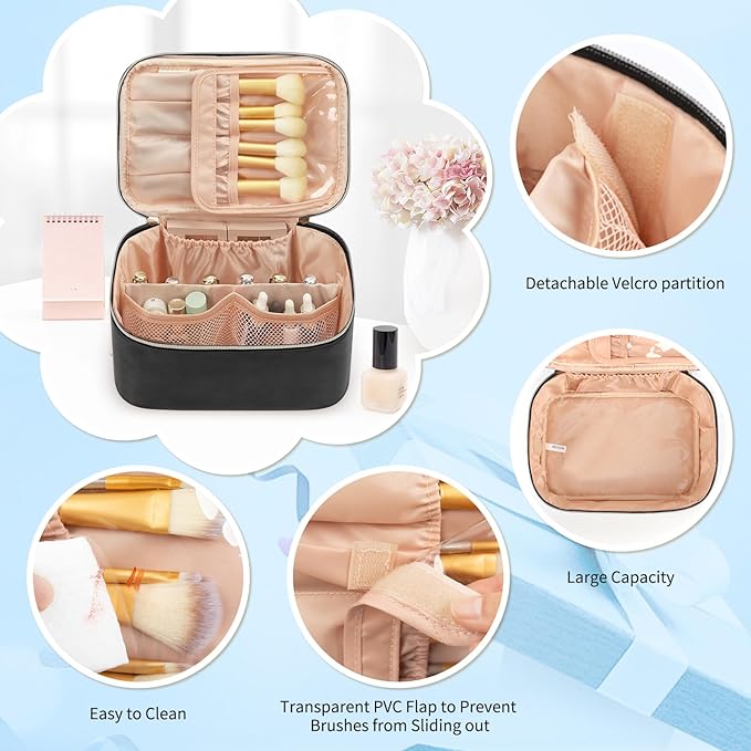 OCHEAL Makeup Bag Set, Portable Travel Makeup Bags Cosmetic Organizer Bag for Women Cute Floral Cosmetic Pouch Large Capacity Make up Bag PU Leather Toiletry Bags with Divider and Handle-Black
