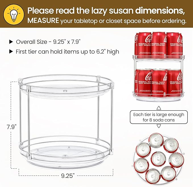 2 Tier Non-Skid Acrylic Lazy Susan Turntable Organizer - Rotating Spice Rack - Spinning Organization Tray for Kitchen, Pantry, Countertop, Closet, Bathroom, Vanity, Medicine Cabinet Organizing, 9.25''