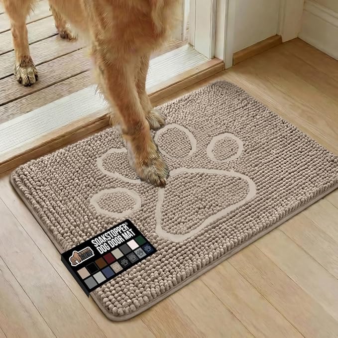 GORILLA GRIP SoakSTOPPER Dog Door Mat, 30x20 Machine Washable Rug Absorbent Doormat Captures Moisture Mud Dirt, Quick Dry Soft Chenille Entryway Rugs Indoor Entrance Mats for Dog Paws, Beige Ivory