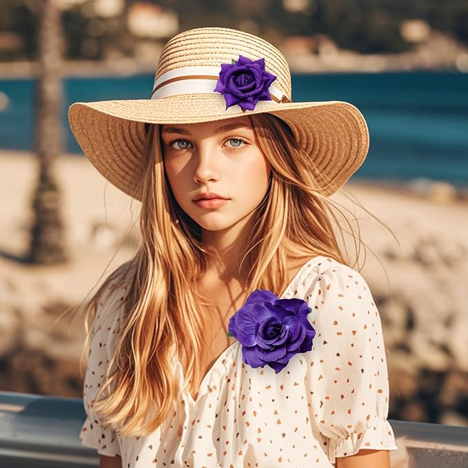 Rose Hair Clip Flower Hairpin Brooch Floral Clips, 4 Pcs Fabric Rose Flowers Hair Clips Mexican Hair Flowers Pin up Headpieces for Woman Girl Wedding Party Mother's Day (Dark Purple)