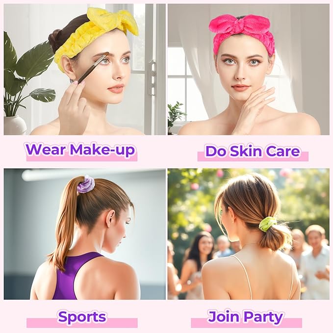 LEOBRO Spa Headbands, 6pcs Makeup Headbands and Hair Scrunchies for Washing Face for Teen Girls Women, Skincare, Easter Basket Valentines Gifts for Girls (Rose Red & Yellow & Purple)