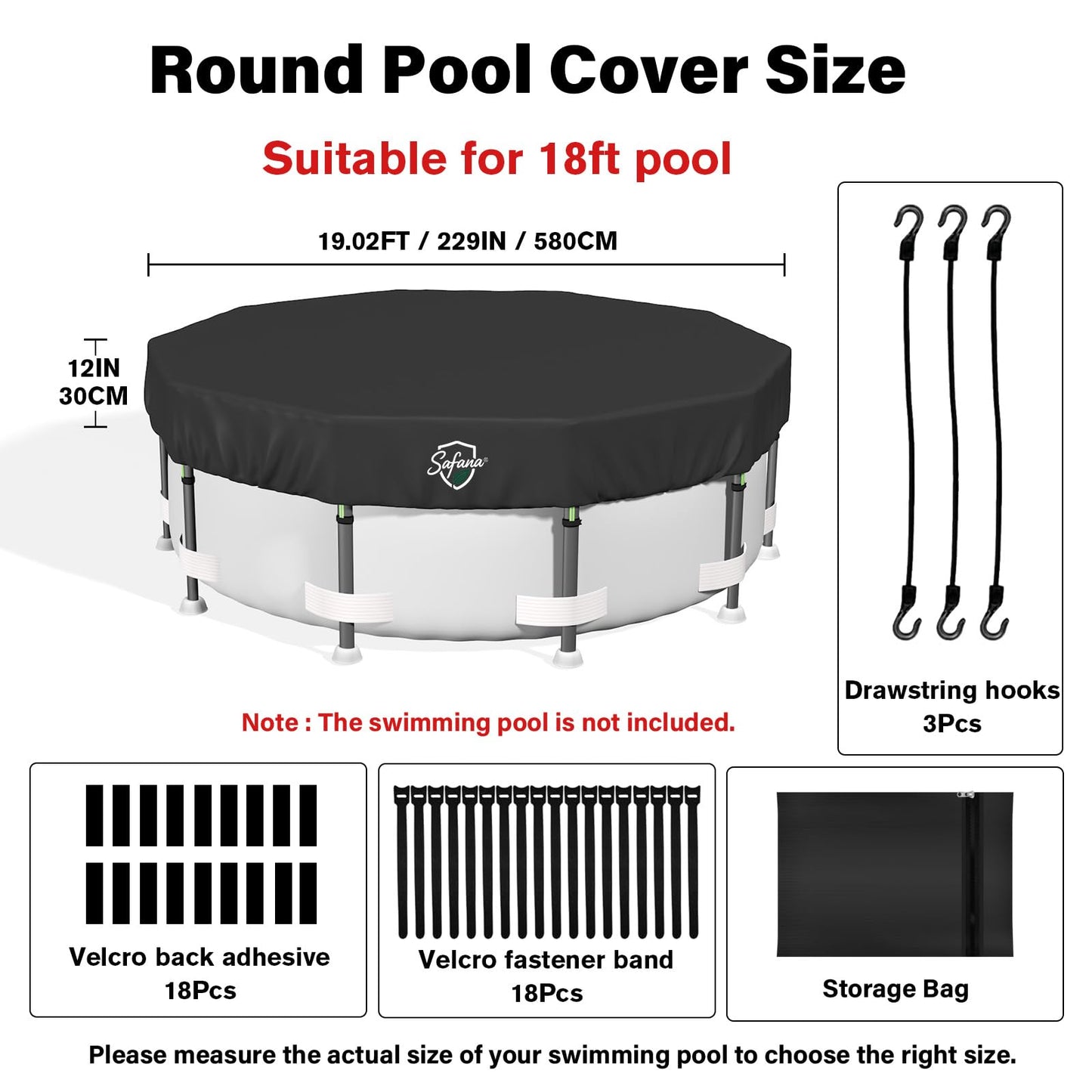 SAFANA 18FT Round Pool Covers for Above Ground Pools, Round Swimming Pool Cover [Upgrade 420D Thicker] Protective Leaf Cover, Elastic Band Auto Shrink & Seal, Tear Resistant, UV Protection, Black