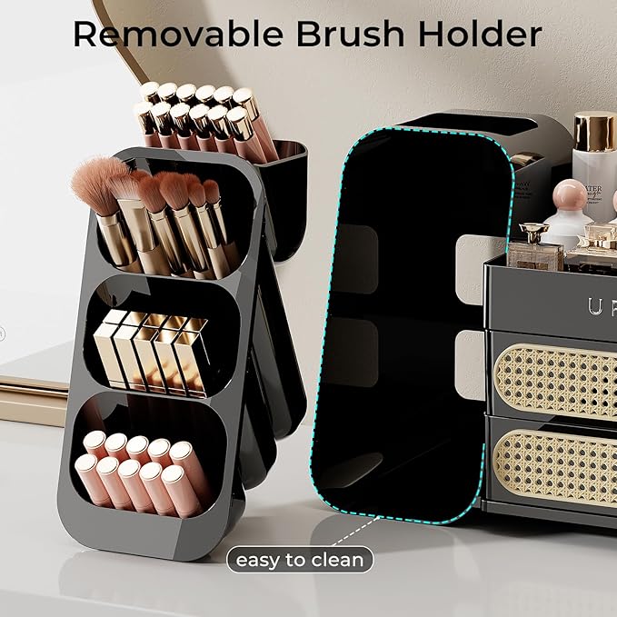 Makeup Organizer for Vanity with Brush Holder, Countertop Skincare Organizer with 2 Drawers, Spacious Cosmetic Display Case for Perfumes, Eyeshadow Palettes, Nail Polishes, Black
