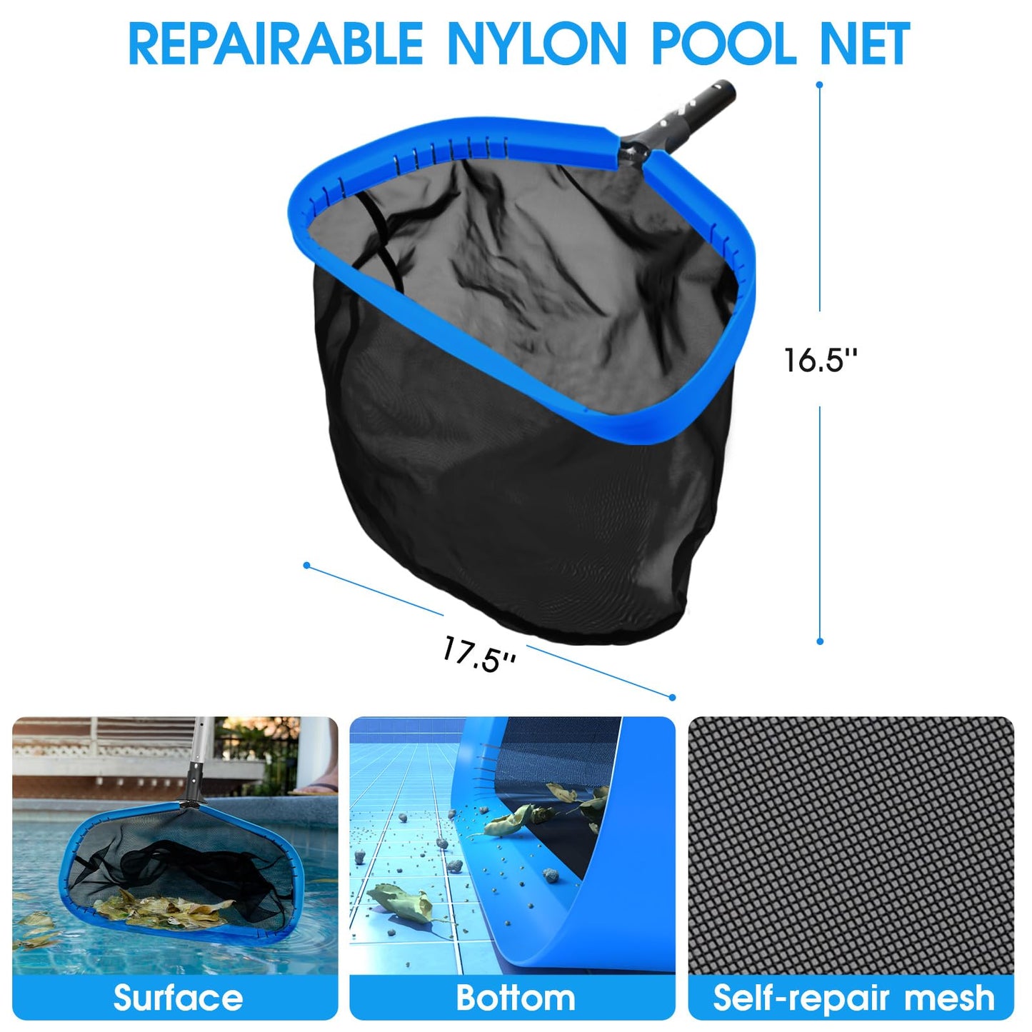 TidyMister All in One Pool Cleaning Kit - 18'' Repairable Pool Nylon Net & 18'' Detachable Round Brush & 11'' Fine Mesh Skimmer Net & Pool Chlorine Floater & Handy Scrubber for Water Line Cleaning