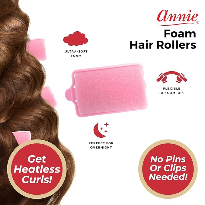 Annie Foam Hair Rollers X-Large 1 1/4 Inch, 8 Count Pink Soft Sponge Curlers for Heatless Curls & Waves, No Pins or Clips Needed, For Wet or Dry Hair, Long-Lasting Hold