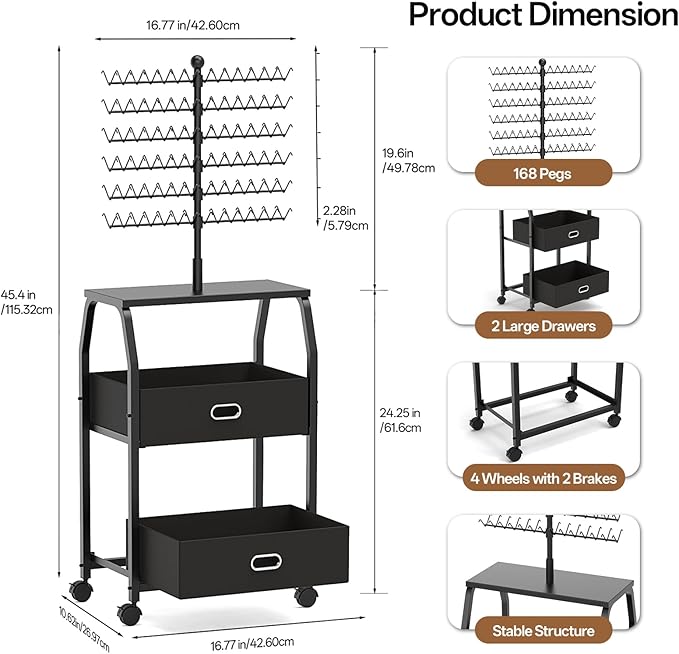 XINTUO Portable Braiding Hair Rack With Wheels & Storage Drawers,168 Pegs Hair Extension Holder Hanger for Braiding Hair Separator Stand Display,Hair rack with stylist hair braiding tools(black)